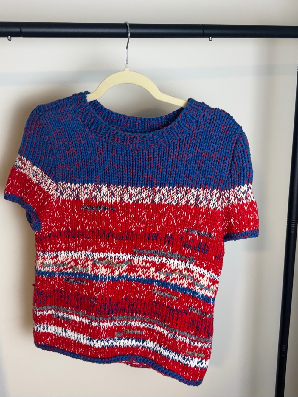 Tory Burch Red, Blue & White Short-Sleeve Knit Sweater